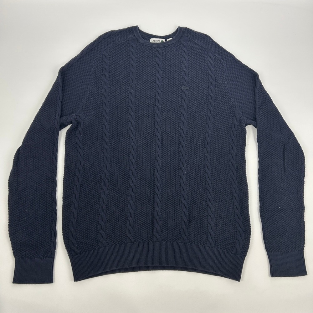 Lacoste Sweater Men's 7 (US XXL) Navy Blue Cable Knit Crew Neck Slim Fit Preppy
